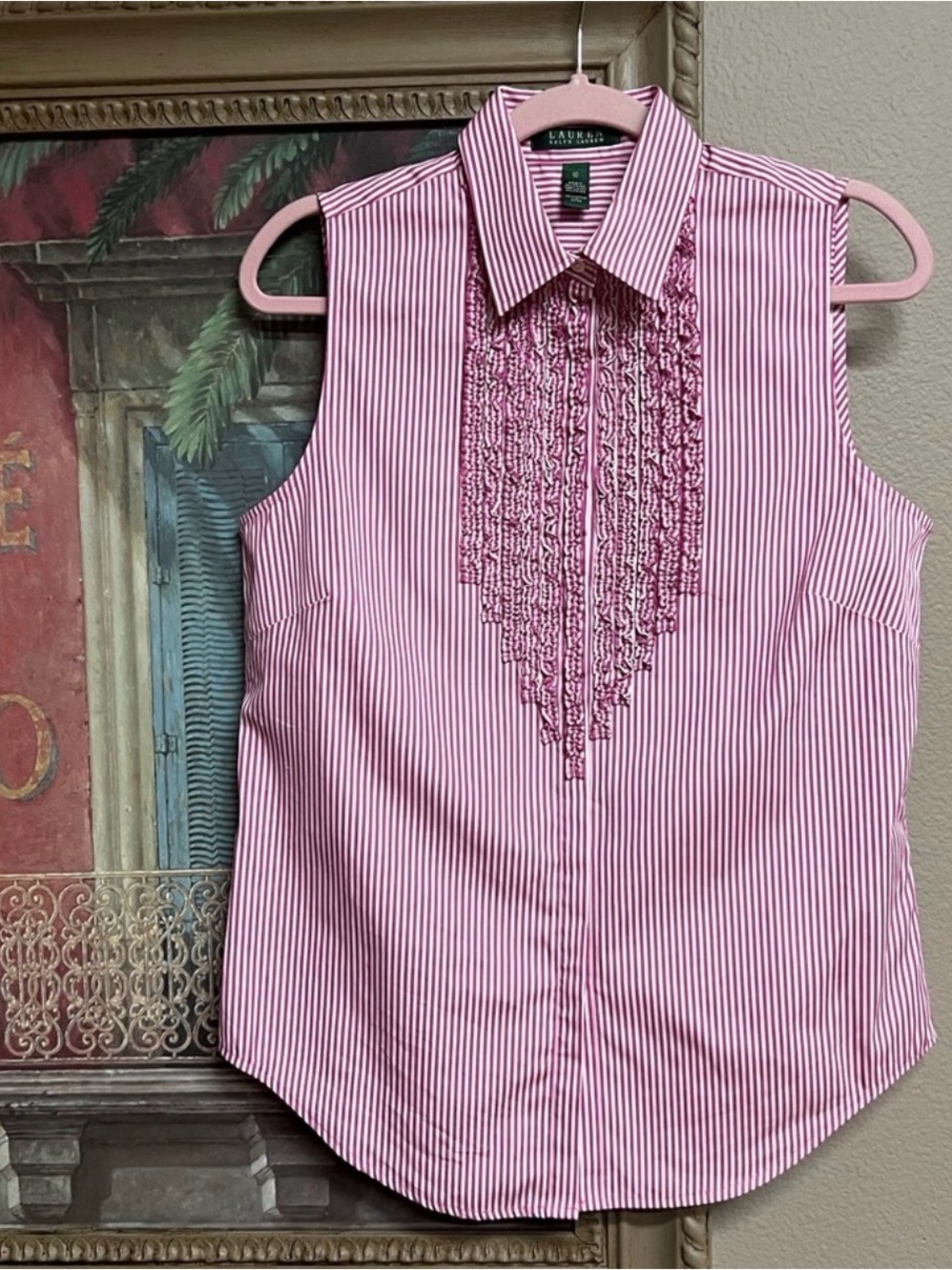 Ralph Lauren Pink and White Striped Sleeveless Lace-Front Blouse